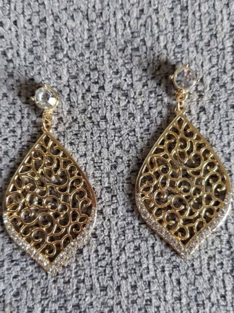 Gold Tone Filigree Teardrop Dangle Earrings with Clear Crystal Studs